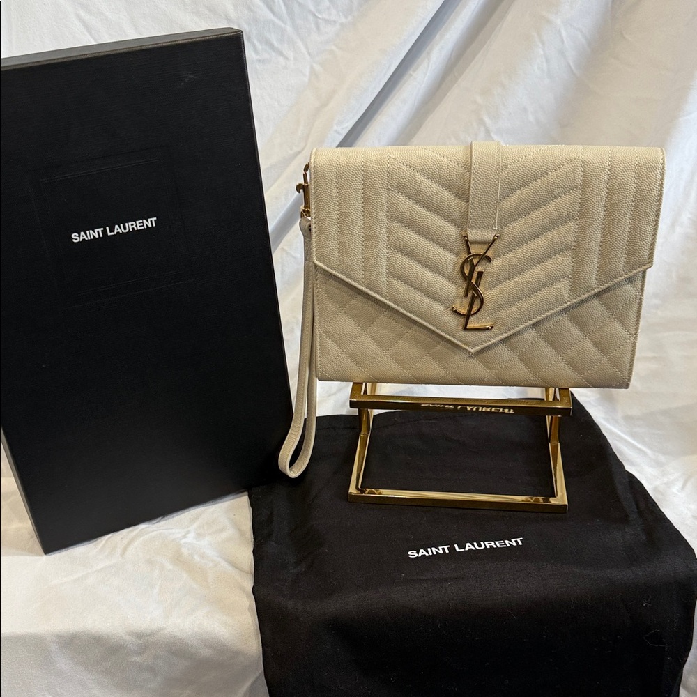 Saint Laurent Beige Quilted Clutch with Gold Logo